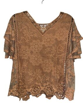 POL Brown Floral Lace V-Neck Blouse OS